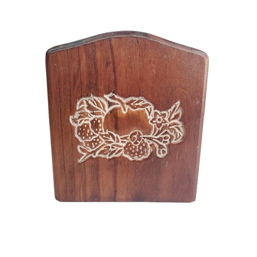 VINTAGE 70s Dark Wood Carved Fruit Motif Napkin Holder Mail Sorter Apple Berries